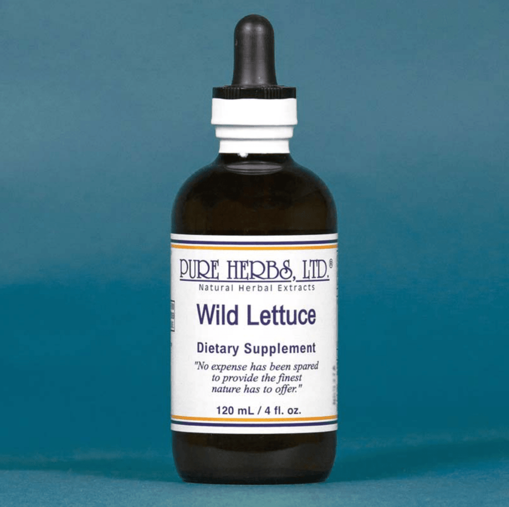 A dark amber glass dropper bottle of Pure Herbs Ltd. Wild Lettuce dietary supplement, featuring a white label and black dropper cap, set against a solid blue background.
