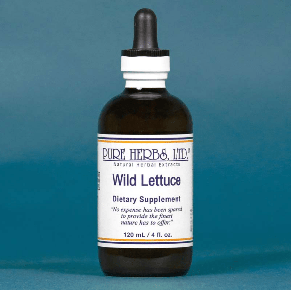 A dark amber glass dropper bottle of Pure Herbs Ltd. Wild Lettuce dietary supplement, featuring a white label and black dropper cap, set against a solid blue background.