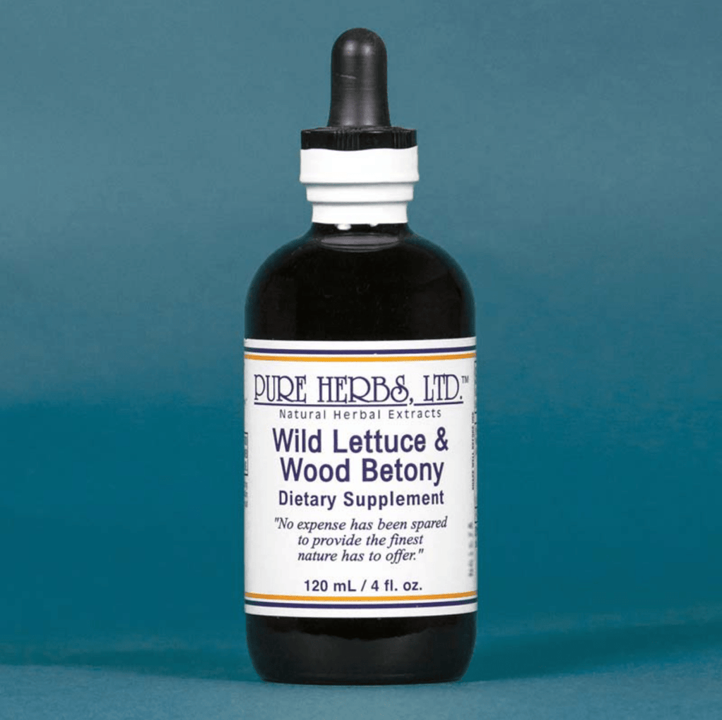 A dark amber glass dropper bottle of Pure Herbs & Ltd. Wild Lettuce & Wood Betony dietary supplement, set against a solid teal-blue background.