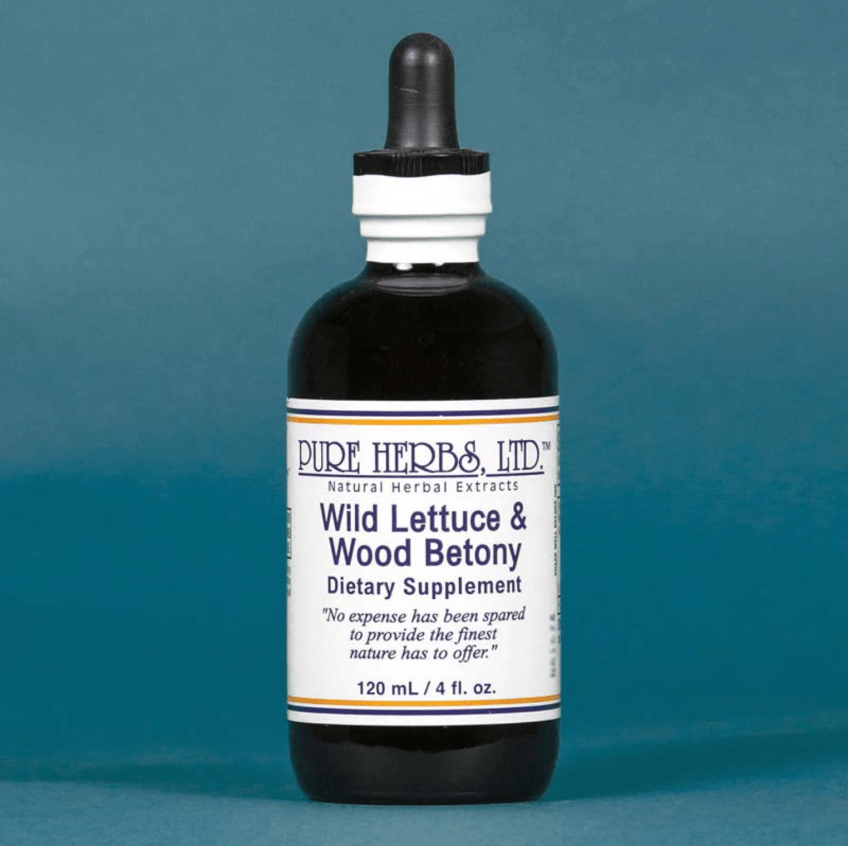 A dark amber glass dropper bottle of Pure Herbs & Ltd. Wild Lettuce & Wood Betony dietary supplement, set against a solid teal-blue background.