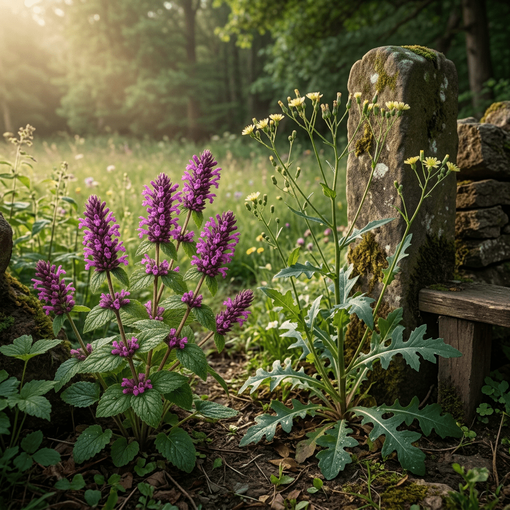 Wild lettuce and wood betony growing at a woodland edge