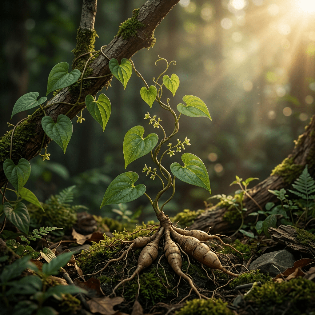 Wild yam growing naturally through woodland branches