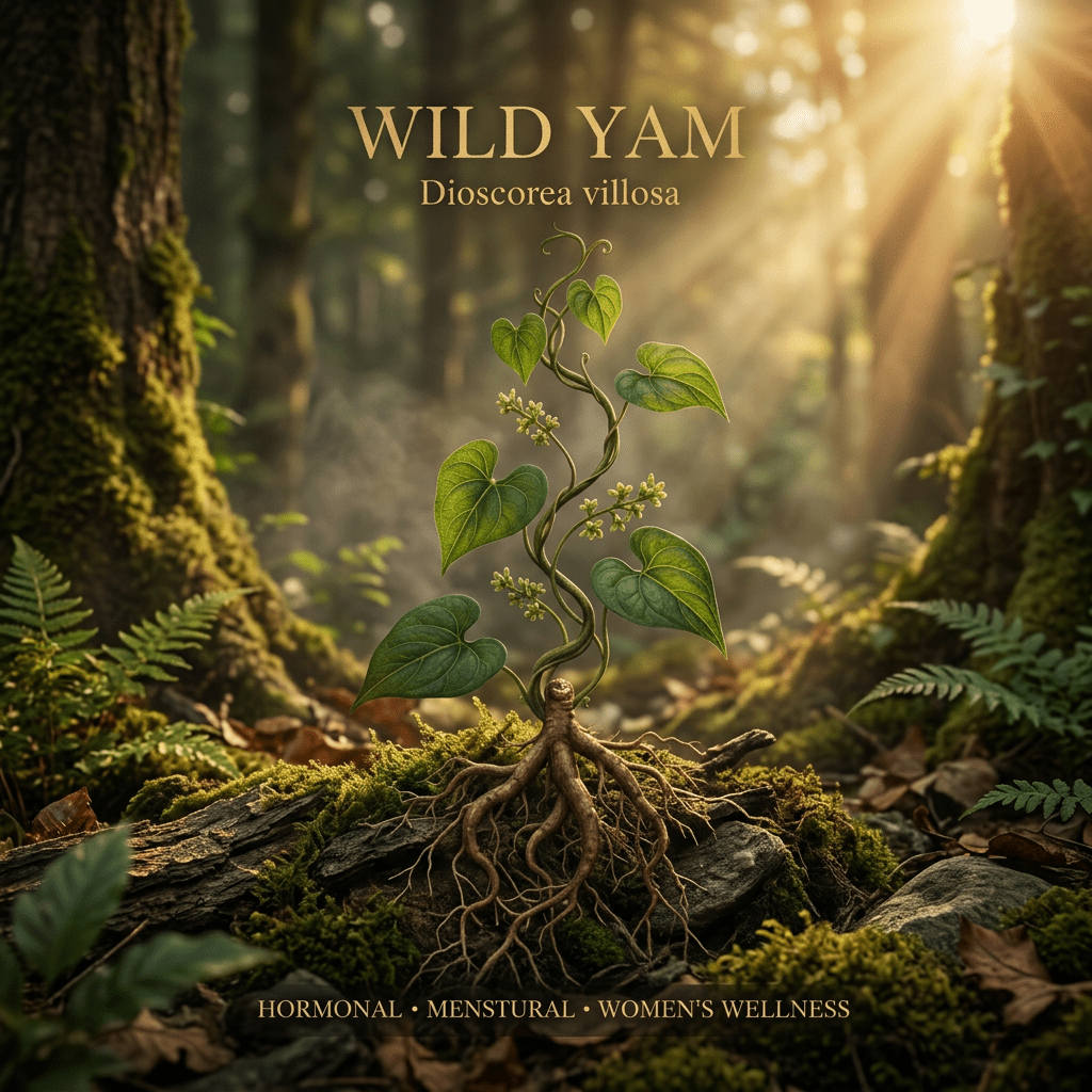 Wild yam editorial image in the saved golden-lit woodland style