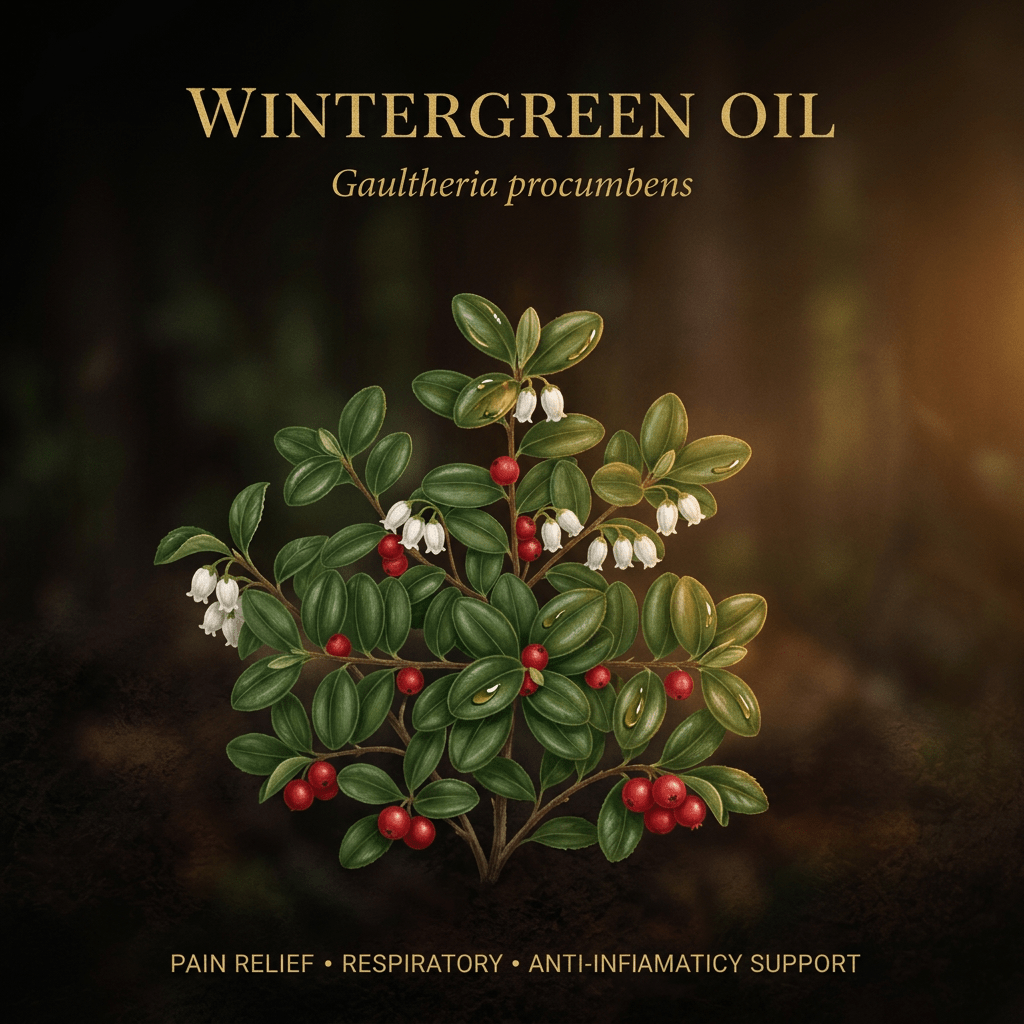 Wintergreen oil botanical editorial image with gold serif text