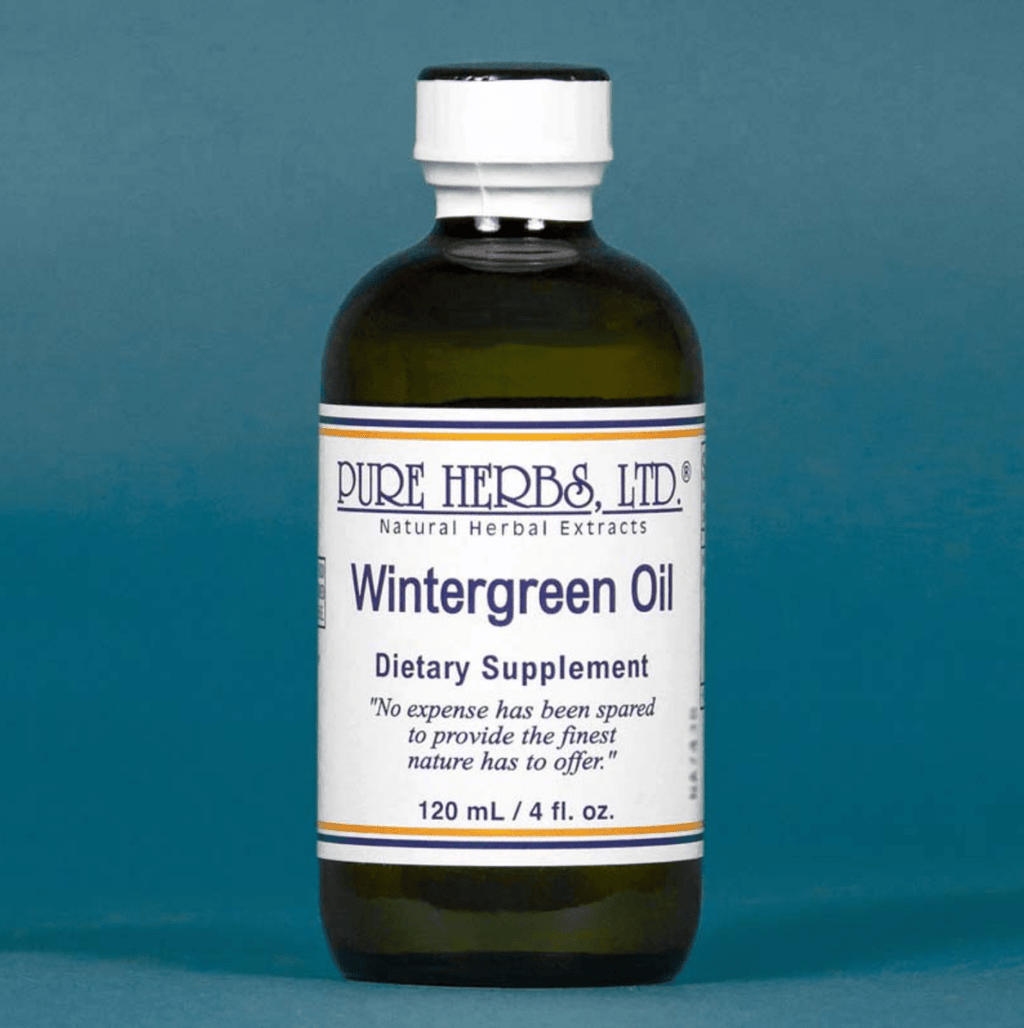 A 120 mL bottle of Pure Herbs Ltd. Wintergreen Oil dietary supplement, featuring an amber glass bottle, white cap, and white label with blue text, set against a solid teal-blue background.