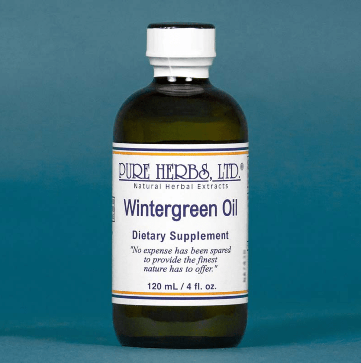 A 120 mL bottle of Pure Herbs Ltd. Wintergreen Oil dietary supplement, featuring an amber glass bottle, white cap, and white label with blue text, set against a solid teal-blue background.