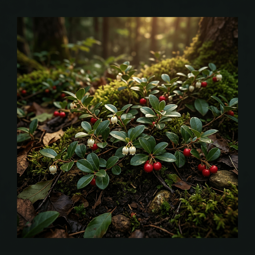 Wintergreen growing naturally on a moody forest floor