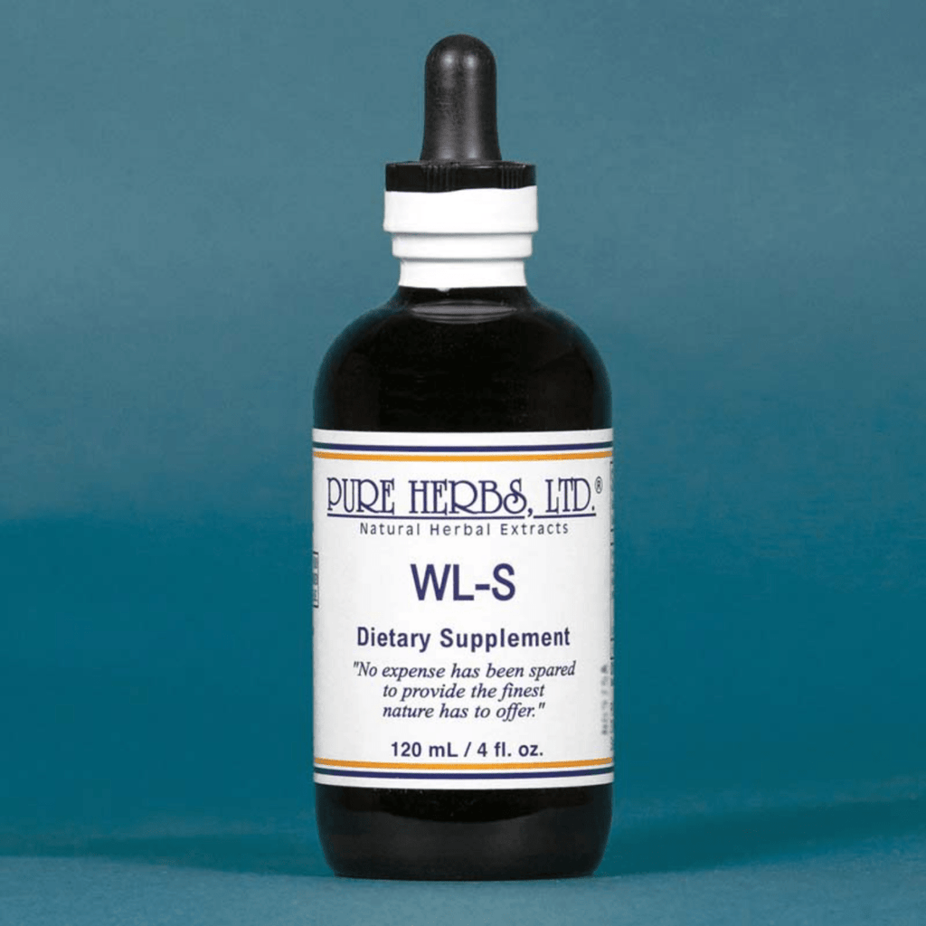 A dark amber glass dropper bottle of Pure Herbs Ltd. WL-S dietary supplement, featuring a white label with blue text