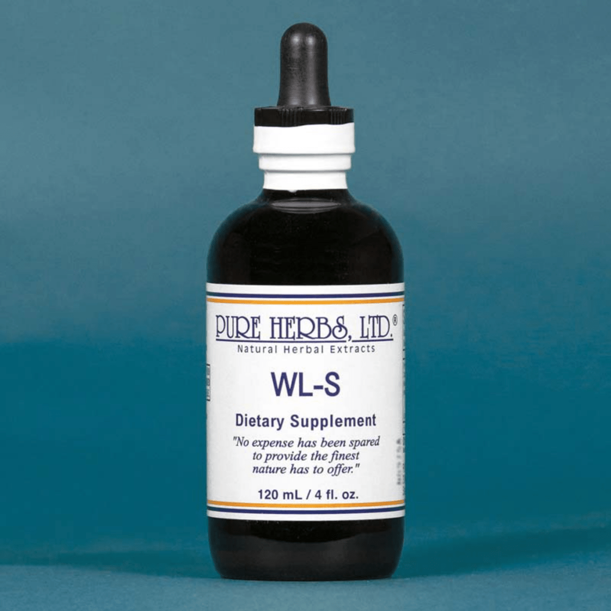 A dark amber glass dropper bottle of Pure Herbs Ltd. WL-S dietary supplement, featuring a white label with blue text