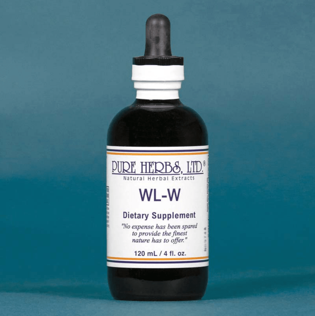A 120 mL bottle of Pure Herbs Ltd. WL-W dietary supplement, featuring a dark amber glass bottle with a black dropper cap and a white label, set against a solid blue background.
