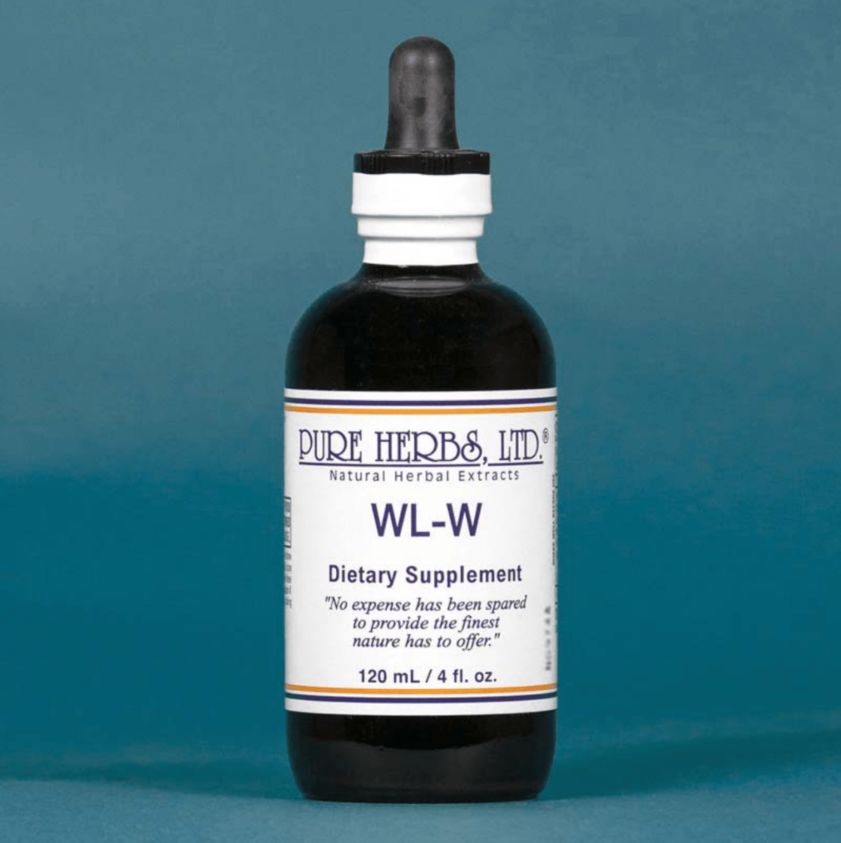 A 120 mL bottle of Pure Herbs Ltd. WL-W dietary supplement, featuring a dark amber glass bottle with a black dropper cap and a white label, set against a solid blue background.