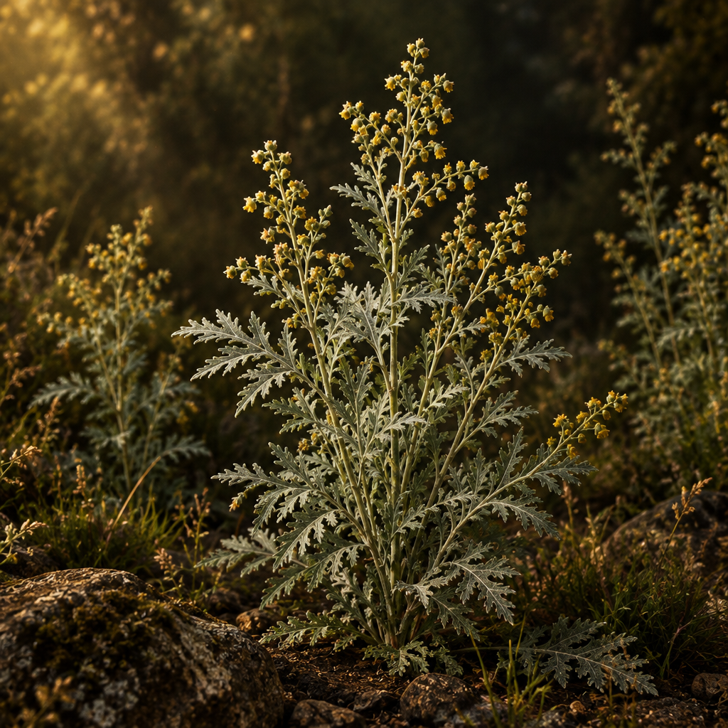 Wormwood with finely divided silver-green leaves and small yellow flowers growing naturally among stones and grasses in a moody, amber-lit setting.
