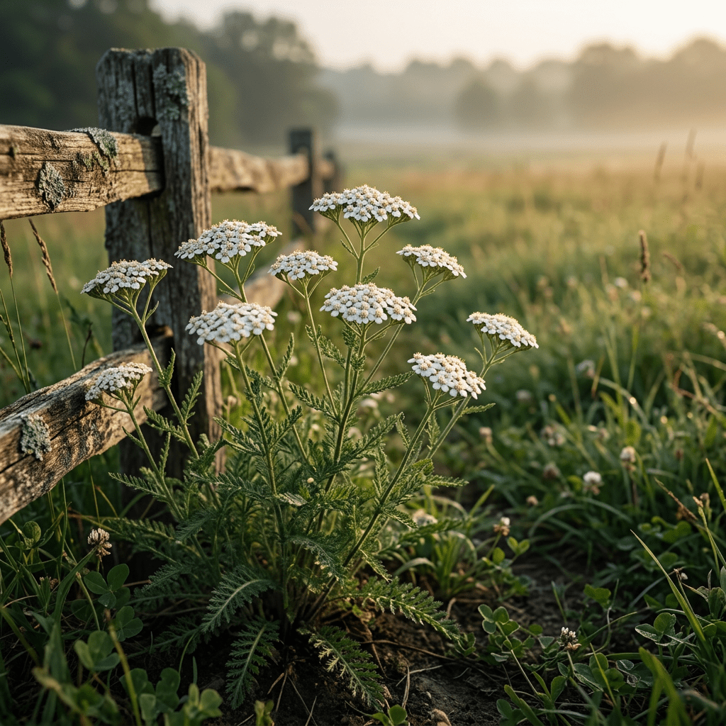 Yarrow growing in a golden-lit meadow