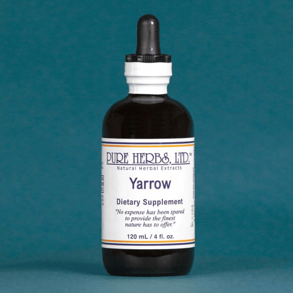 A dark amber glass dropper bottle of Pure Herbs, Ltd. Yarrow dietary supplement, featuring a white label with blue text and a black dropper cap, set against a solid teal background.