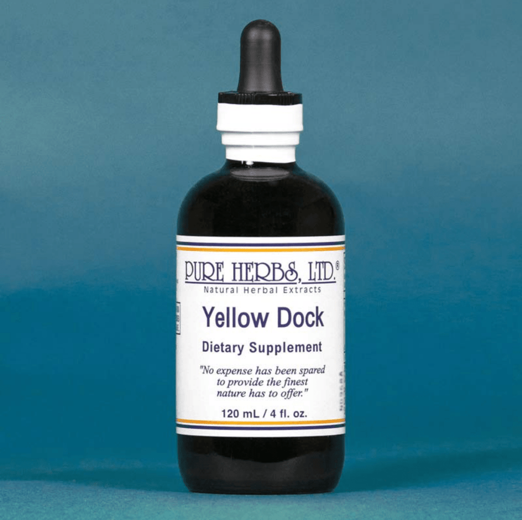 A 120 mL bottle of Pure Herbs Ltd. Yellow Dock dietary supplement, featuring a dark amber glass bottle, white cap, and a white label with blue text, set against a solid teal-blue background.