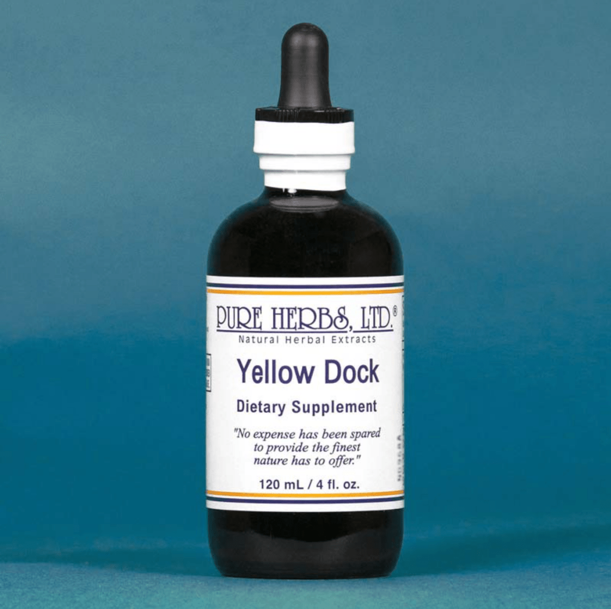 A 120 mL bottle of Pure Herbs Ltd. Yellow Dock dietary supplement, featuring a dark amber glass bottle, white cap, and a white label with blue text, set against a solid teal-blue background.