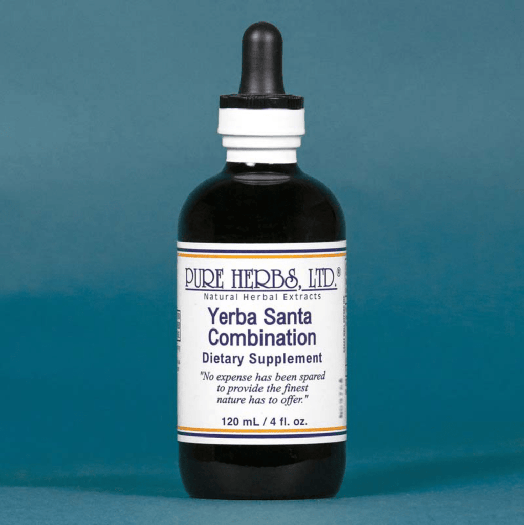 A bottle of Pure Herbs & Ltd. Yerba Santa Combination dietary supplement, featuring a dark amber glass bottle with a white and black dropper cap, set against a solid teal-blue background.