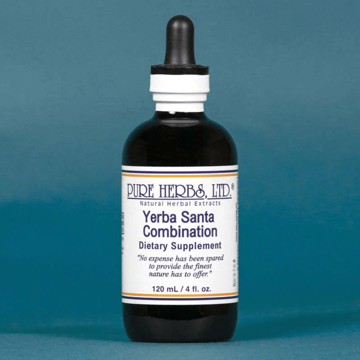 A bottle of Pure Herbs & Ltd. Yerba Santa Combination dietary supplement, featuring a dark amber glass bottle with a white and black dropper cap, set against a solid teal-blue background.