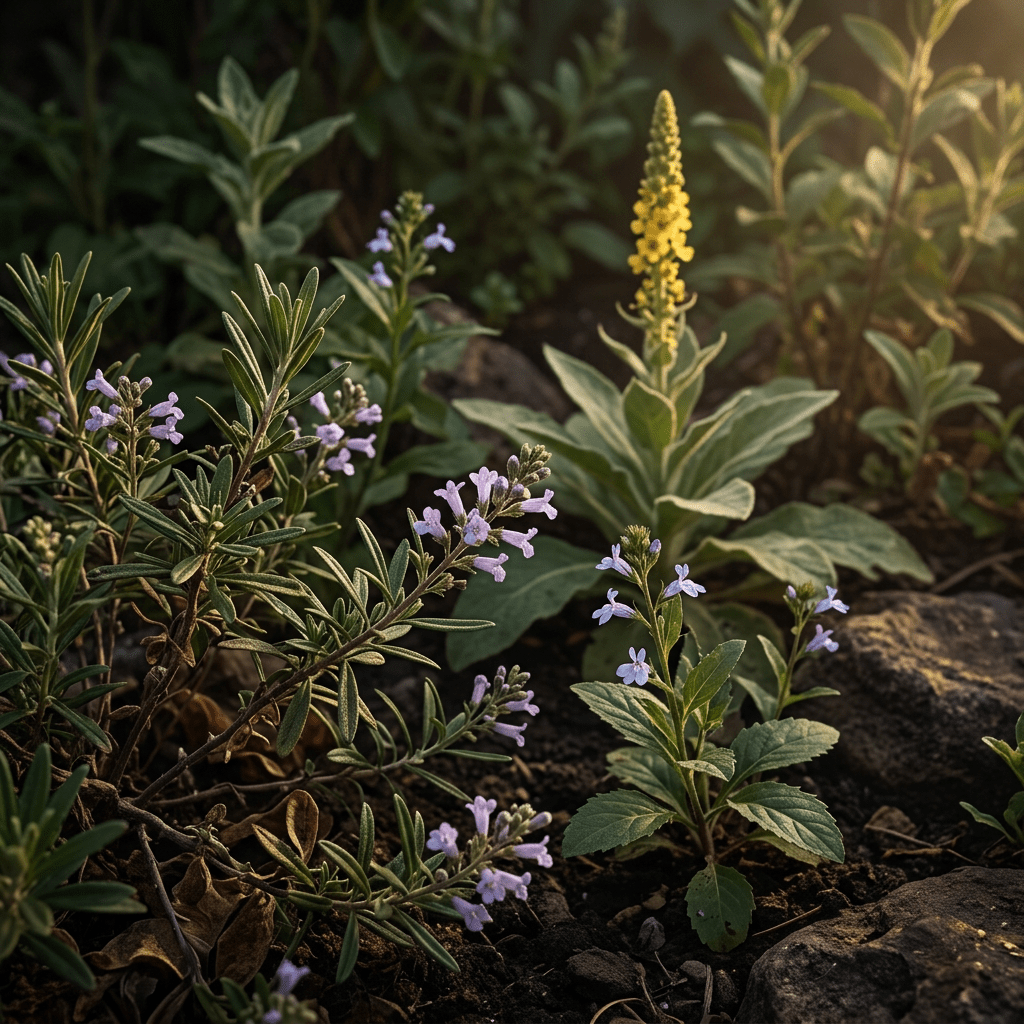 Yerba santa, lobelia, and mullein in a moody herb garden