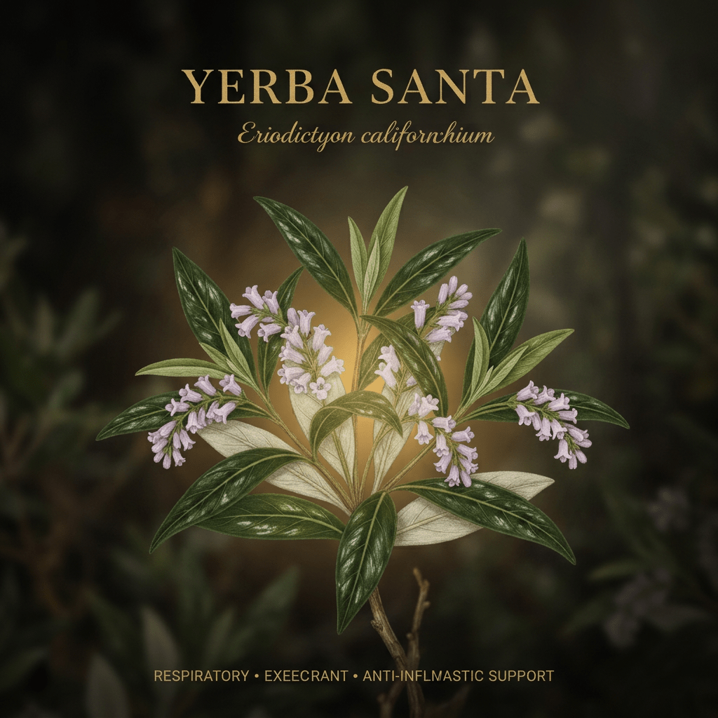 Yerba santa botanical editorial image with gold serif text