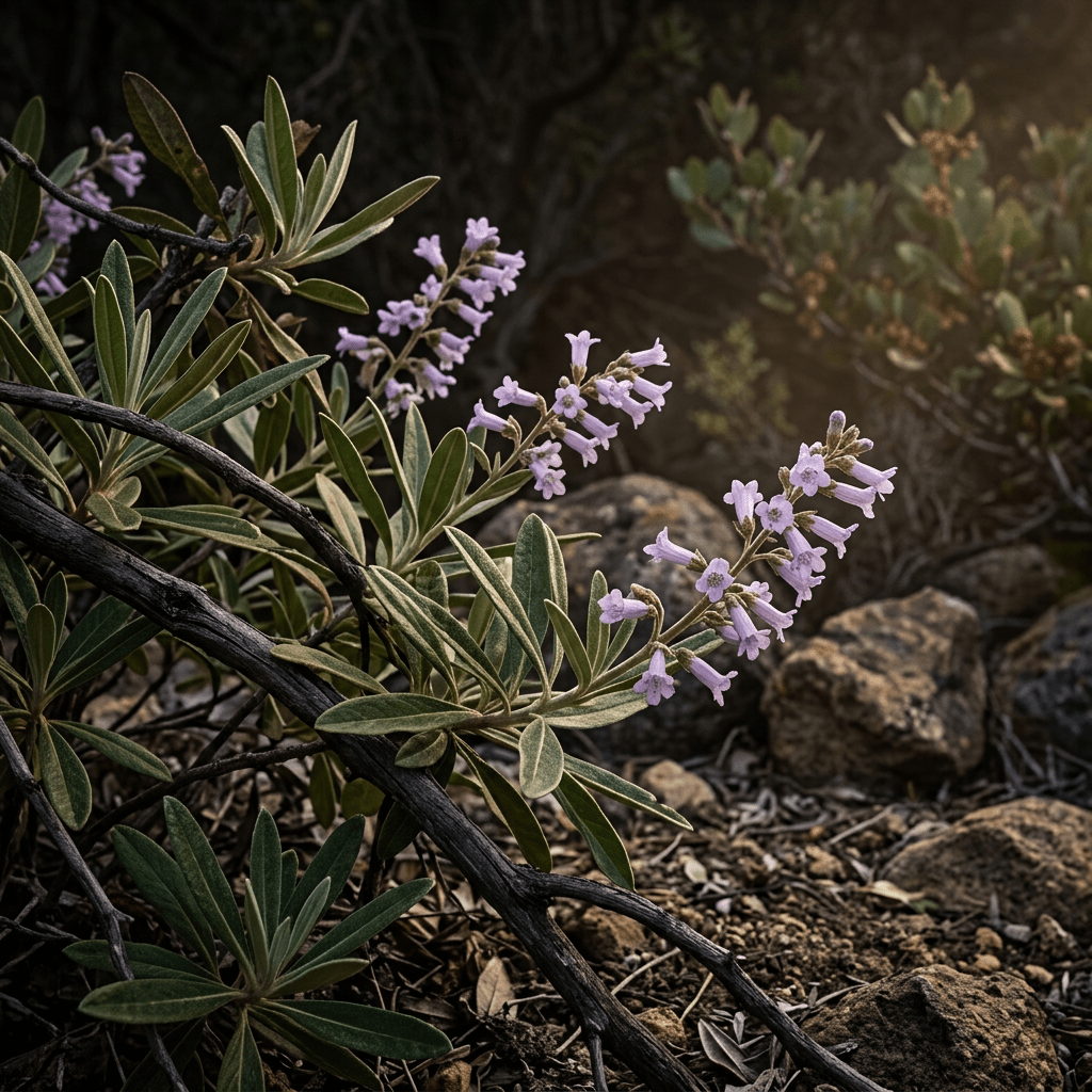 Yerba santa growing naturally in a moody chaparral setting