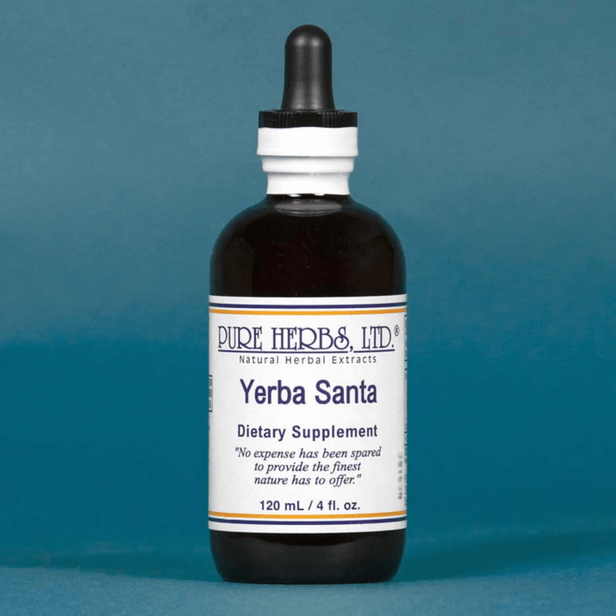 A 120 mL amber glass dropper bottle of Pure Herbs, Ltd. Yerba Santa dietary supplement, set against a solid teal-blue background.