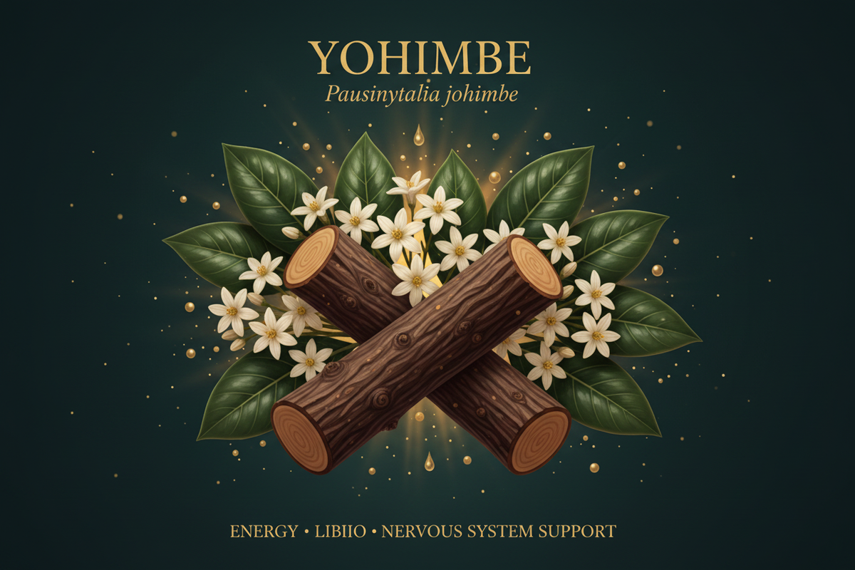 A decorative graphic with the word YOHIMBE at the top, botanical leaves, small white flowers, and two crossed log stumps in the center on a dark teal background. Gold text at the bottom reads ENERGY • LIBIO • NERVOUS SYSTEM SUPPORT.