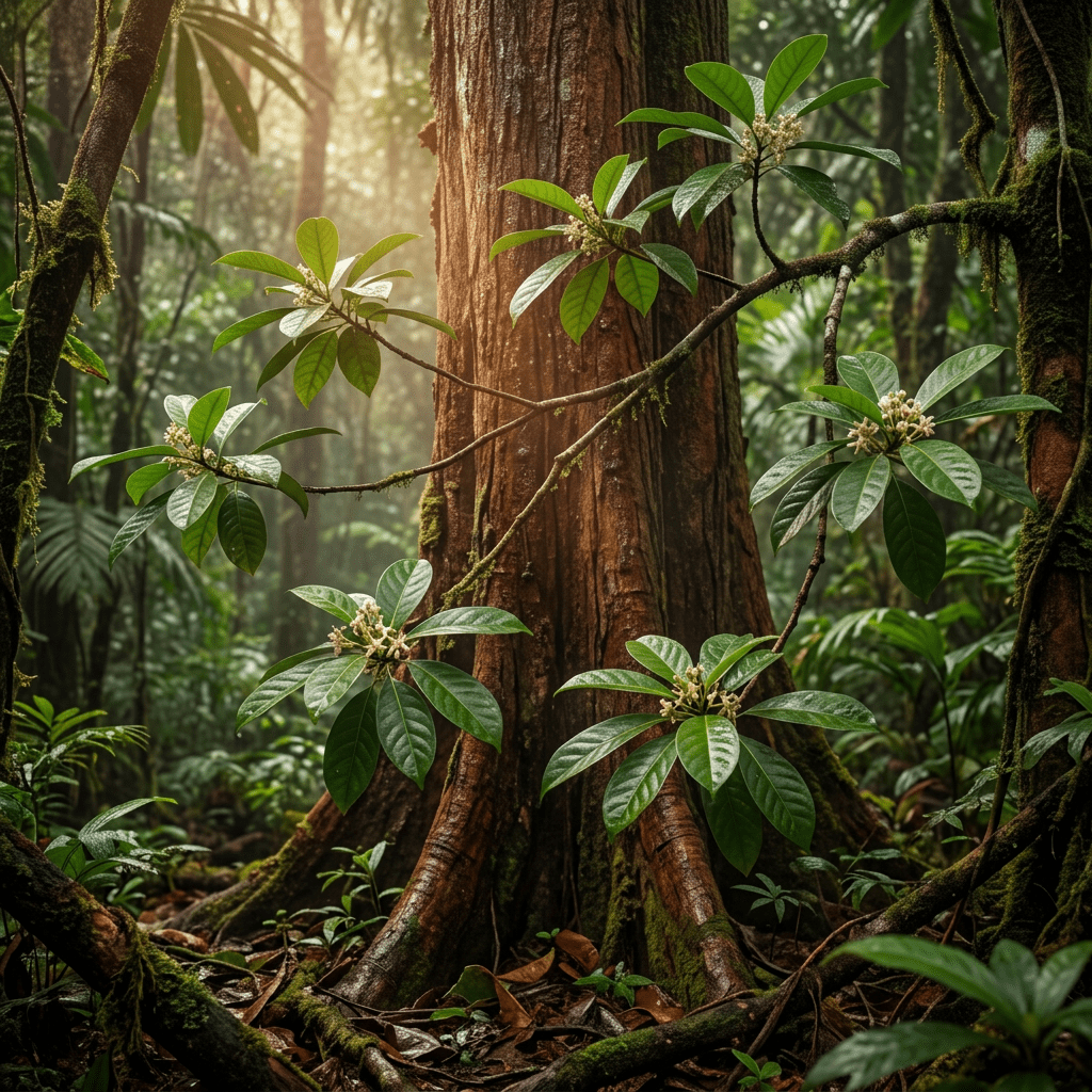 Yohimbe tree in a moody tropical forest