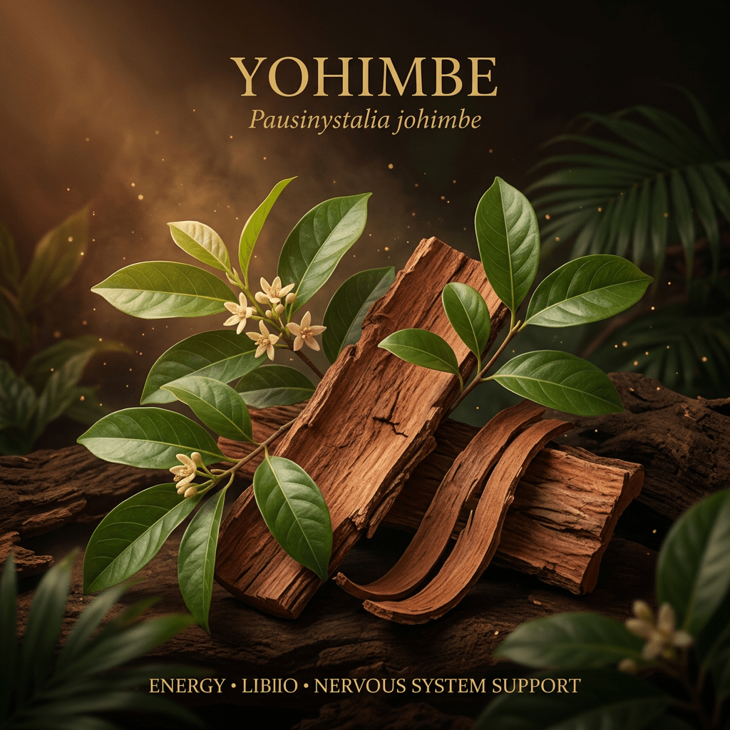 Yohimbe botanical editorial image with gold serif text