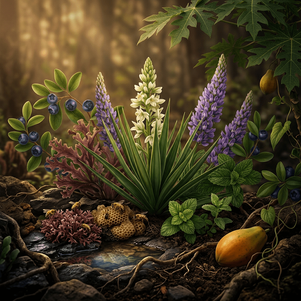 YTHE-I botanicals combined in a moody natural setting