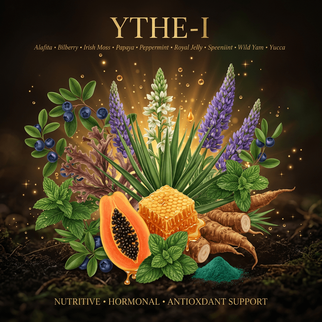 YTHE-I botanical editorial image with gold serif text