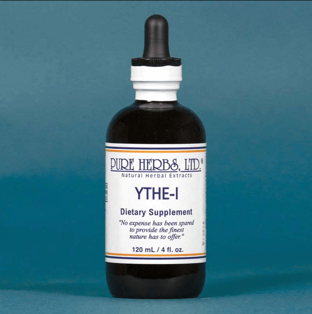 A 120 mL amber glass dropper bottle of Pure Herbs, Ltd. YTHE-I dietary supplement, featuring a white label with blue and orange text, set against a solid teal-blue background.