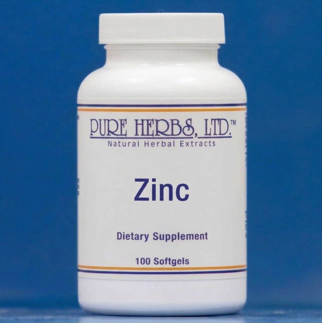 A white plastic bottle of Pure Herbs, Ltd. Zinc dietary supplement softgels, set against a solid blue background.