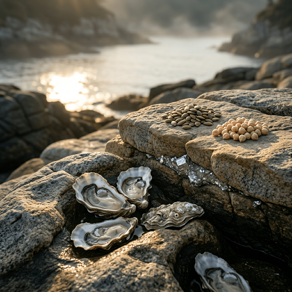 Zinc-inspired still life beside a coastal inlet